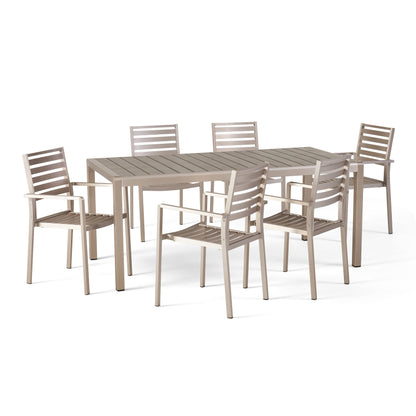 Cherie Outdoor Modern 6 Seater Aluminum Dining Set with Faux Wood Table Top