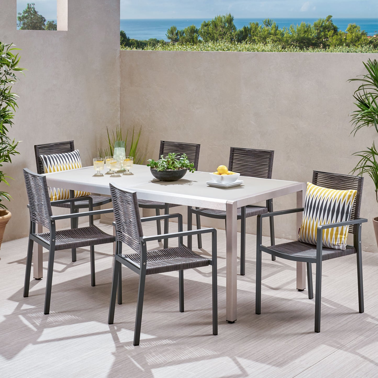 Aaleigha Outdoor Modern 6 Seater Aluminum Dining Set with Tempered Glass Table Top