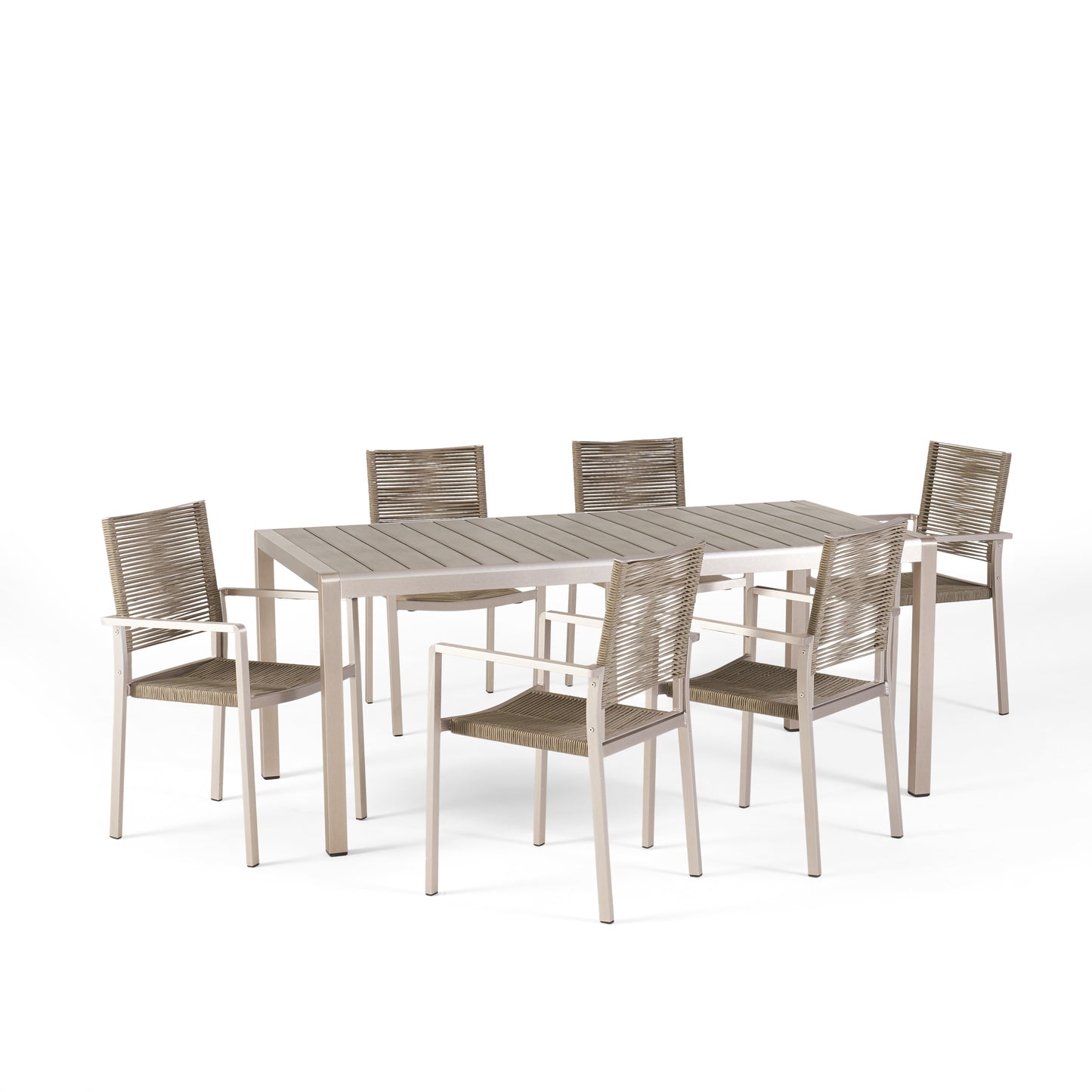 Makyla Outdoor Modern 6 Seater Aluminum Dining Set with Faux Wood Table Top