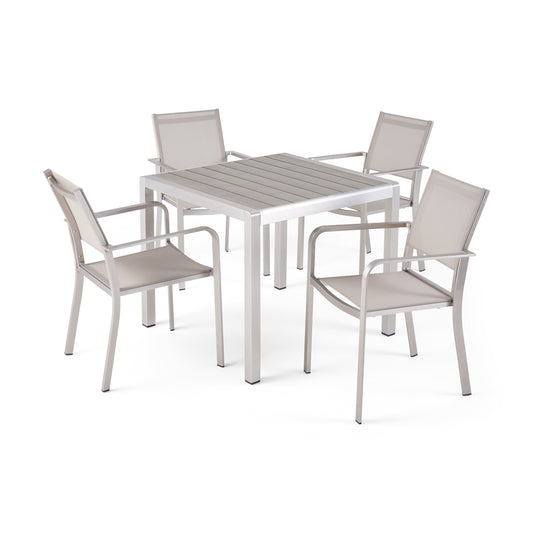 Rorik Outdoor Modern 4 Seater Aluminum Dining Set with Faux Wood Table Top