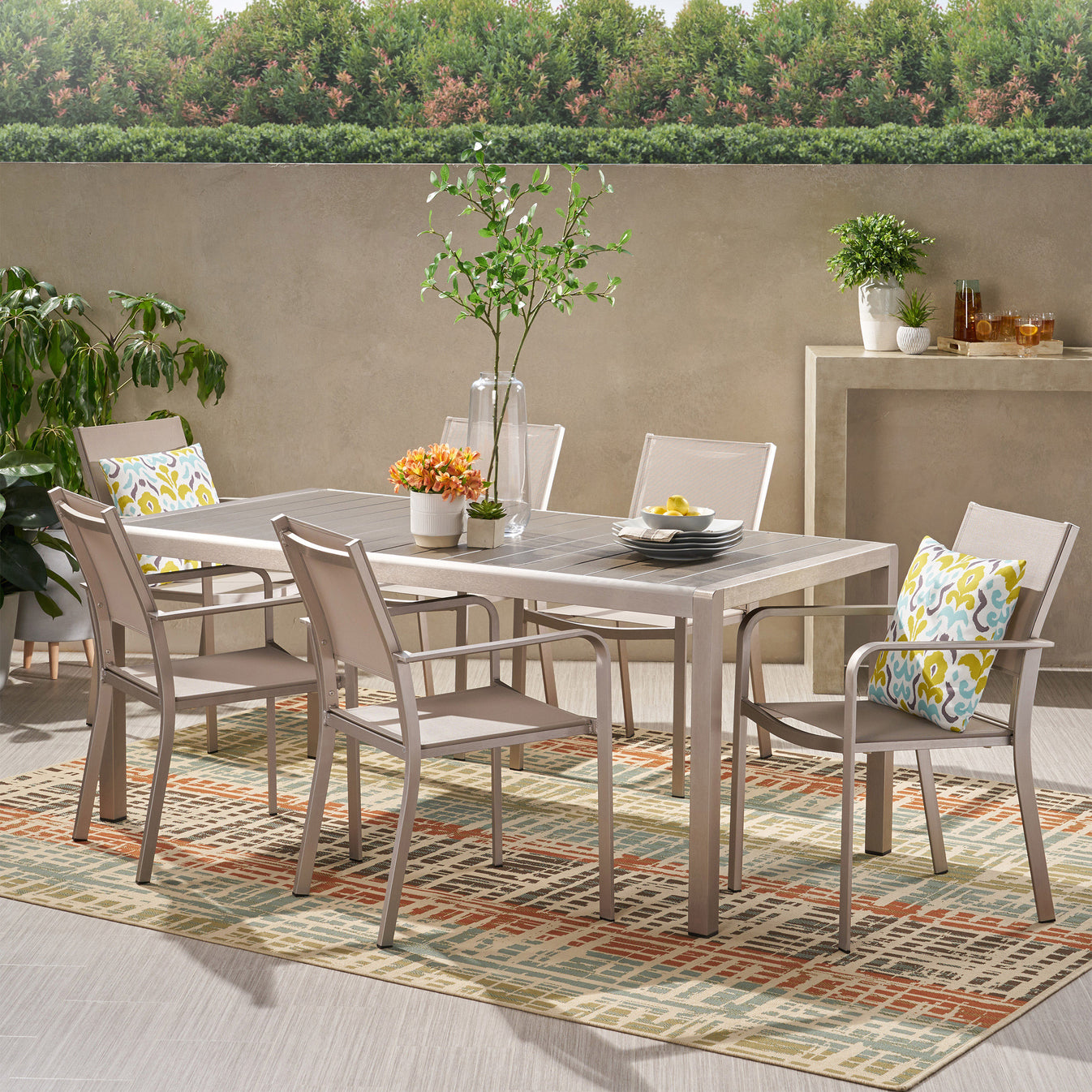 Thali Outdoor Modern 6 Seater Aluminum Dining Set with Faux Wood Table ...