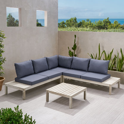 Vashti Outdoor 5 Seater V Shaped Acacia Wood Sectional Sofa Set with Cushions