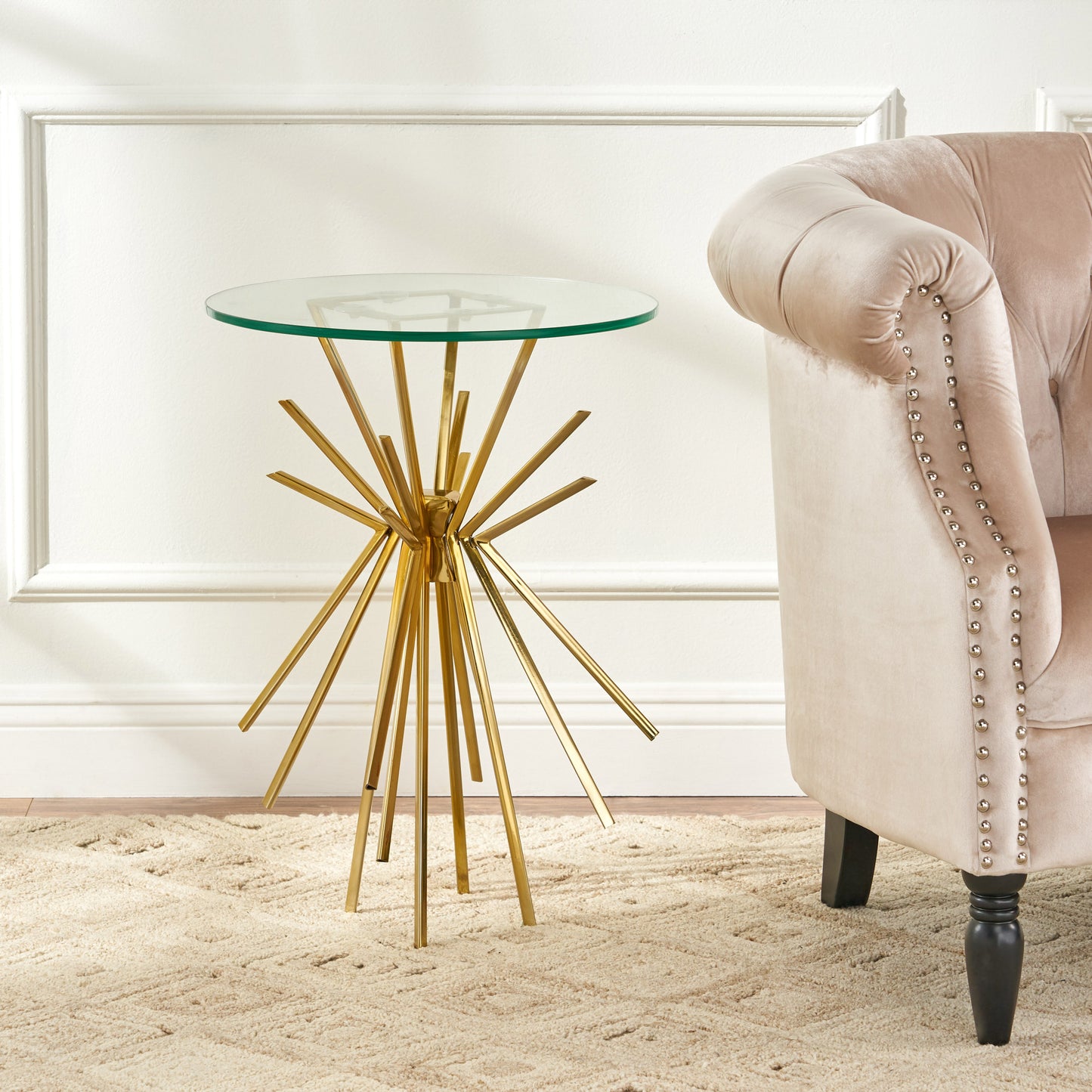Martha Modern Glam Sunburst Accent Table with Tempered Glass Top