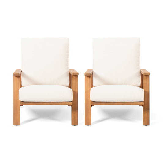 Youssef Outdoor Acacia Wood Club Chairs with Cushions (Set of 2)