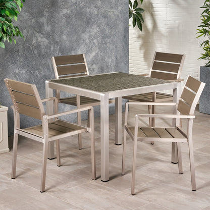 Cherie Outdoor Modern Aluminum 4 Seater Dining Set with Faux Wood Seats and Wicker Table Top