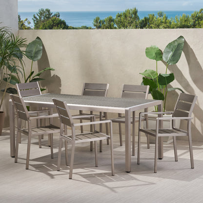 Cherie Outdoor Modern Aluminum 6 Seater Dining Set with Faux Wood Seats