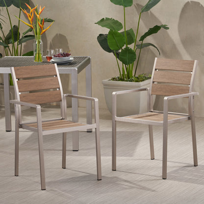 Cherie Outdoor Modern Aluminum Dining Chair with Faux Wood Seat (Set of 2)