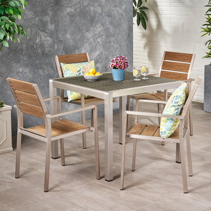 Cherie Outdoor Modern Aluminum 4 Seater Dining Set with Faux Wood Seats and Wicker Table Top