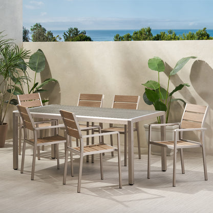 Cherie Outdoor Modern Aluminum 6 Seater Dining Set with Faux Wood Seats