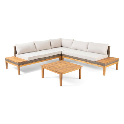 Emanuel Outdoor Acacia Wood and Wicker 5 Seater Sectional Sofa Set with Water-Resistant Cushions