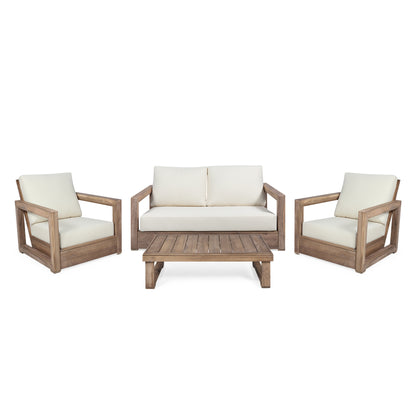 Andrae Outdoor 4 Seater Acacia Wood Chat Set with Water Resistant Cushions