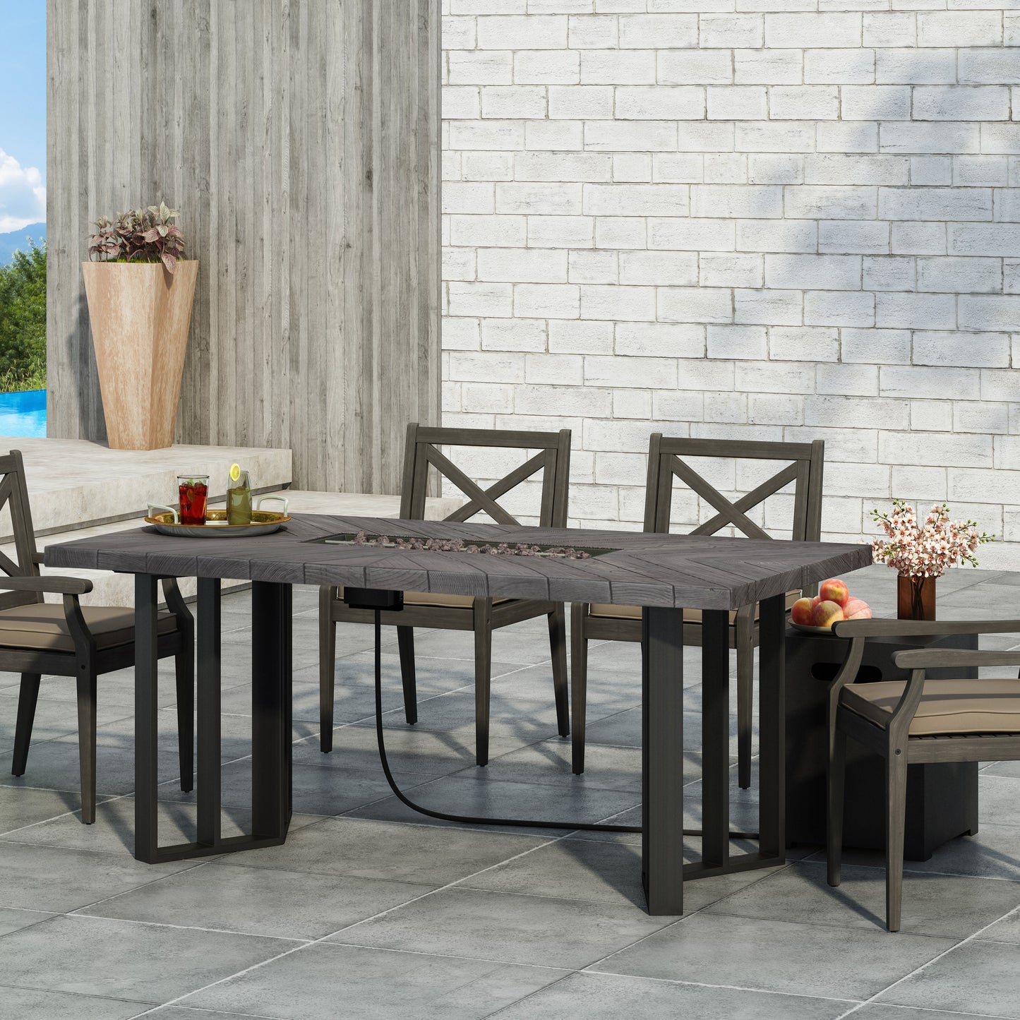 Holdaway Outdoor 40,000 BTU Fire Pit Dining Table with Tank Holder, Textured Gray Oak, Black, and Dark Gray