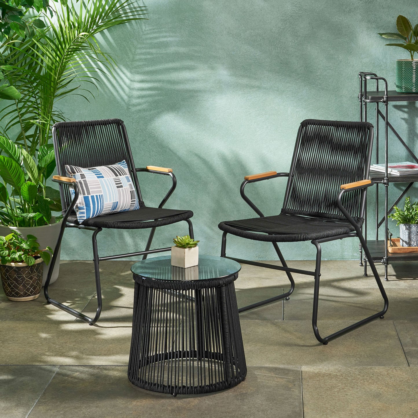 Laycee Modern Outdoor Rope Weave Chat Set with Side Table
