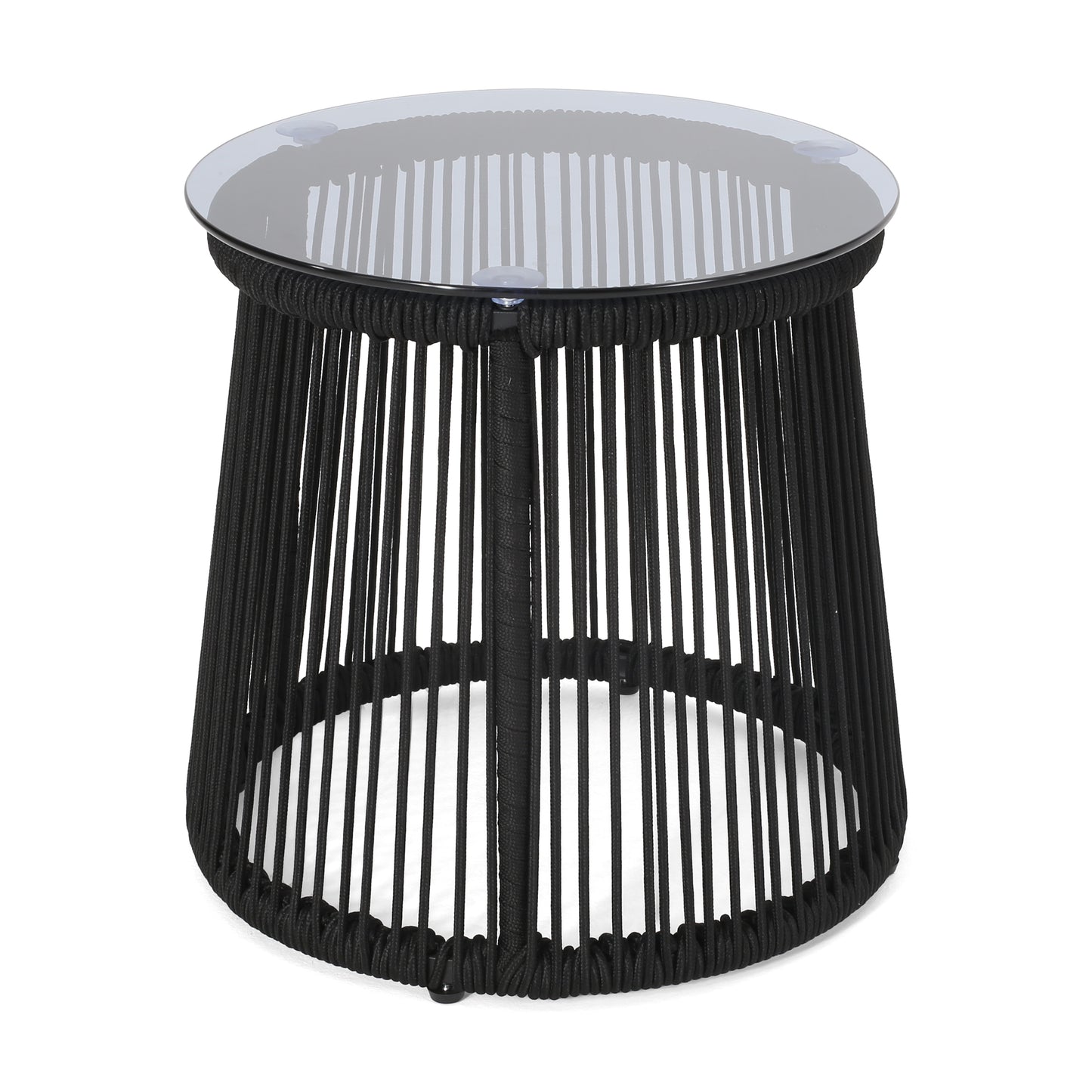 Laycee Modern Outdoor Rope Weave Side Table with Tempered Glass Top