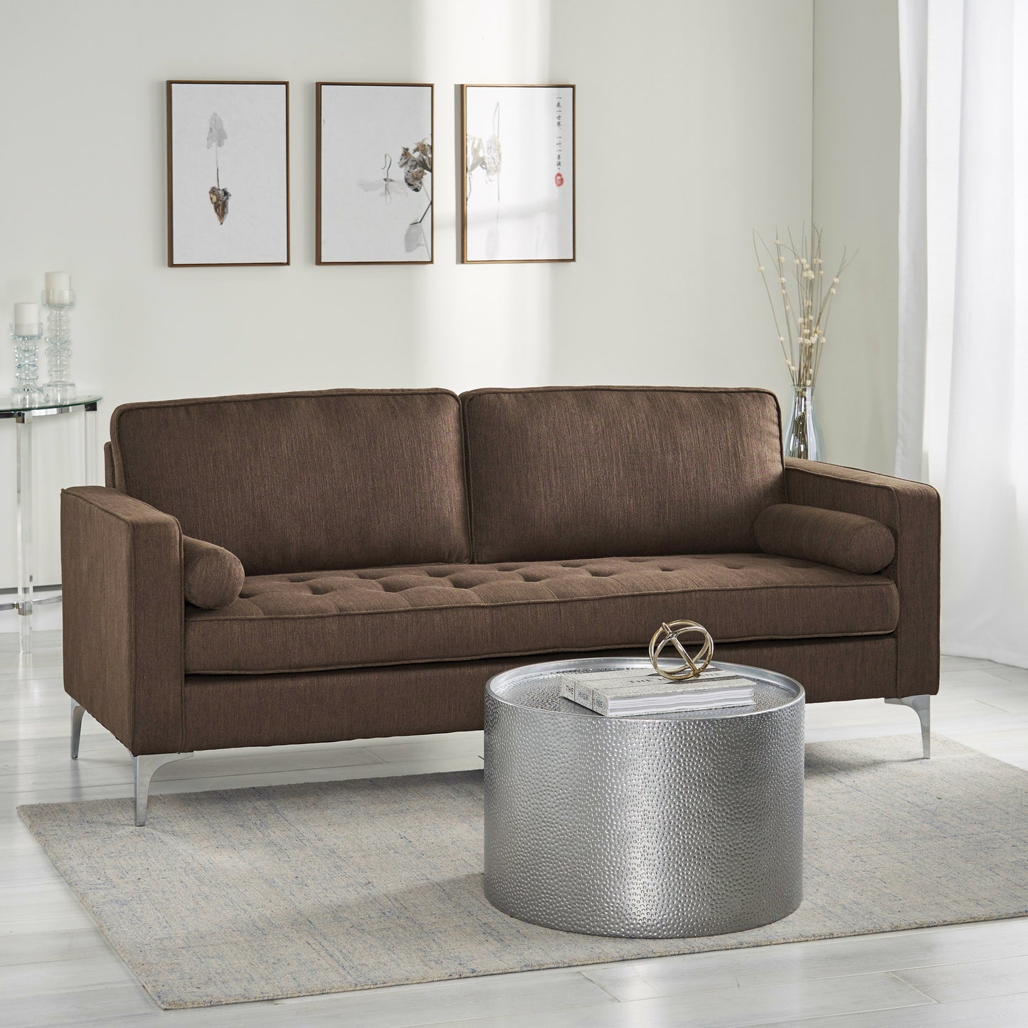 Divith Contemporary Tufted Fabric 3 Seater Sofa