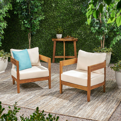 Burrough Outdoor Acacia Wood Club Chair with Cushions (Set of 2)