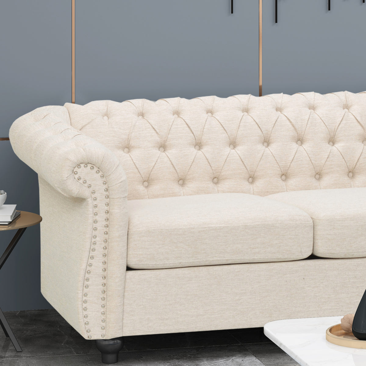 Adetokunbo Tufted Fabric Chesterfield 3 Seater Sofa – GDFStudio