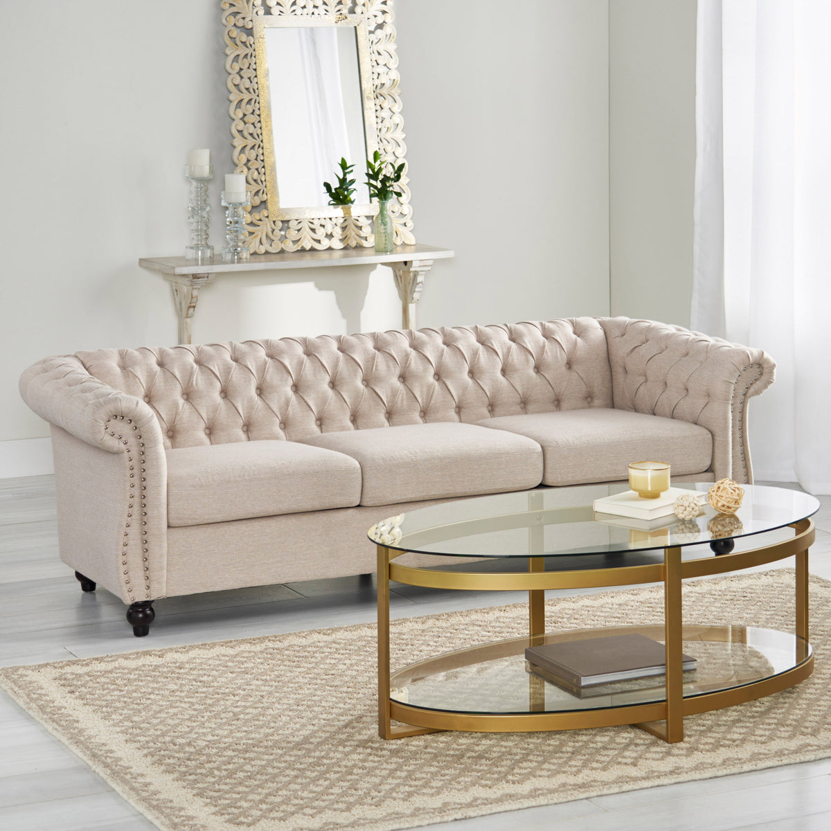 Adetokunbo Tufted Fabric Chesterfield 3 Seater Sofa – GDFStudio