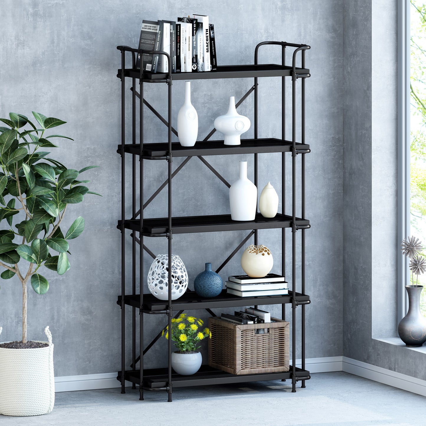 Kayla Indoor/Outdoor Industrial Iron Mesh 5 Shelf Bookcase, Matte Black