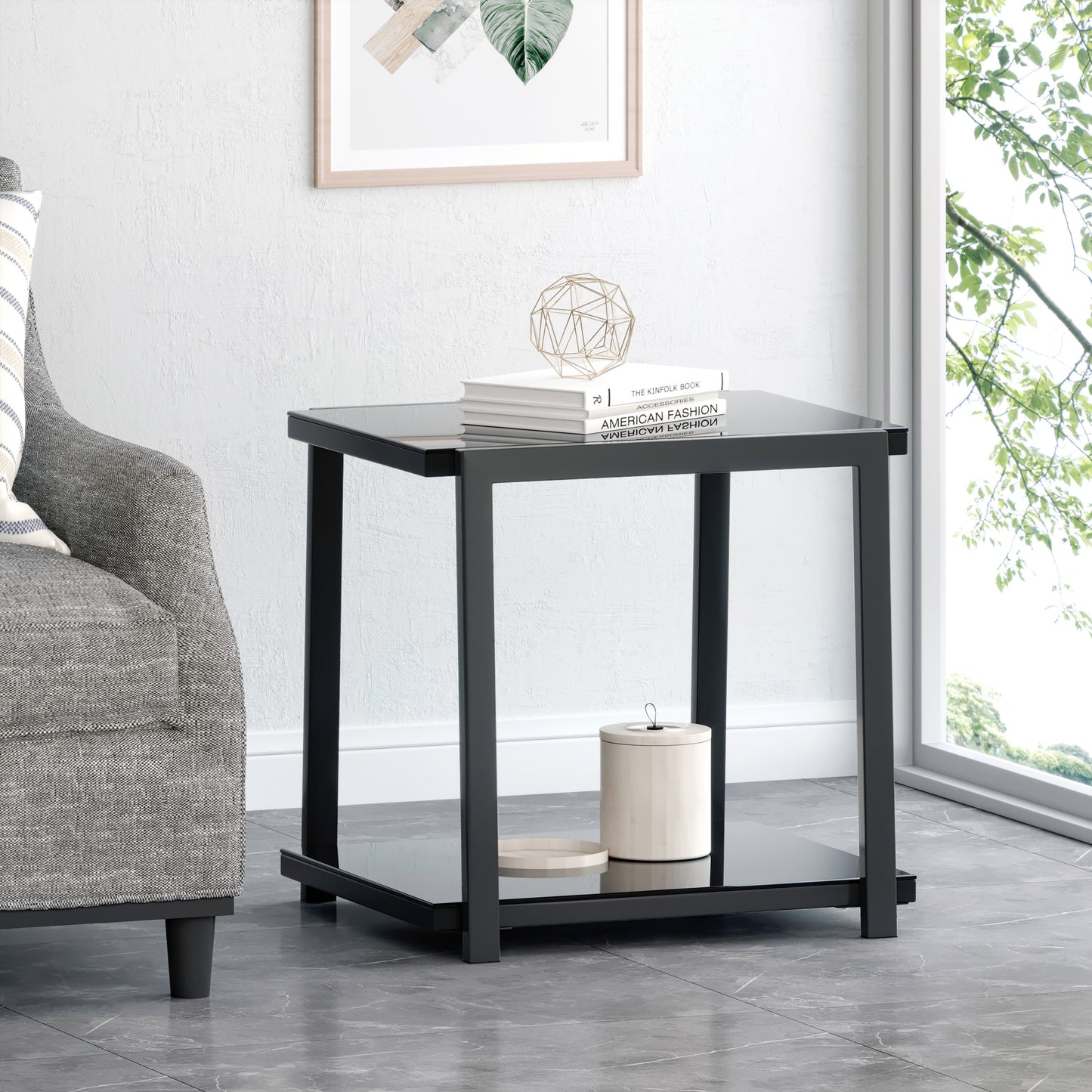 Tilley Modern Glass Top Side Table with Shelf, Black