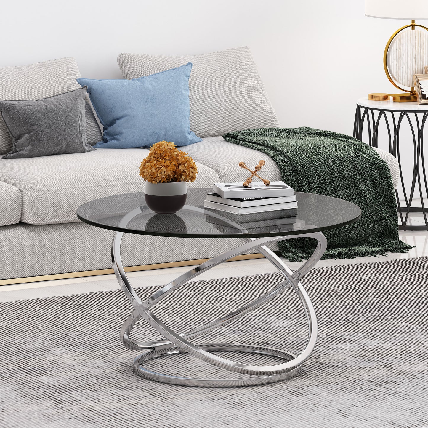 Hearney Modern Glass Top Round Coffee Table, Gray and Chrome