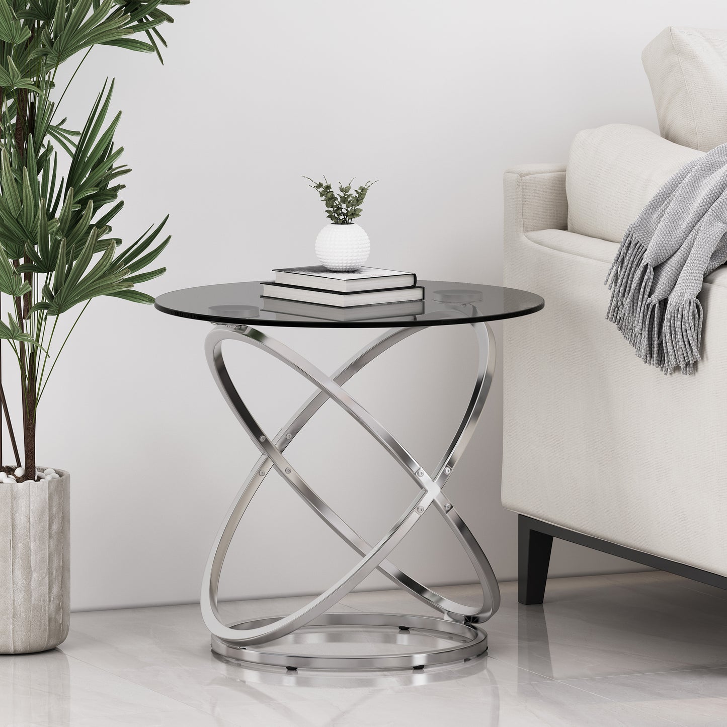 Hearney Modern Glass Top Round Side Table, Gray and Chrome