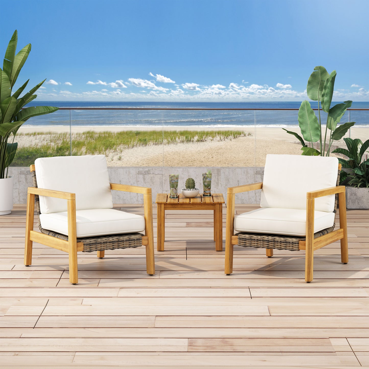 Kedan Outdoor Acacia Wood Club Chairs with Wicker Accents (Set of 2)