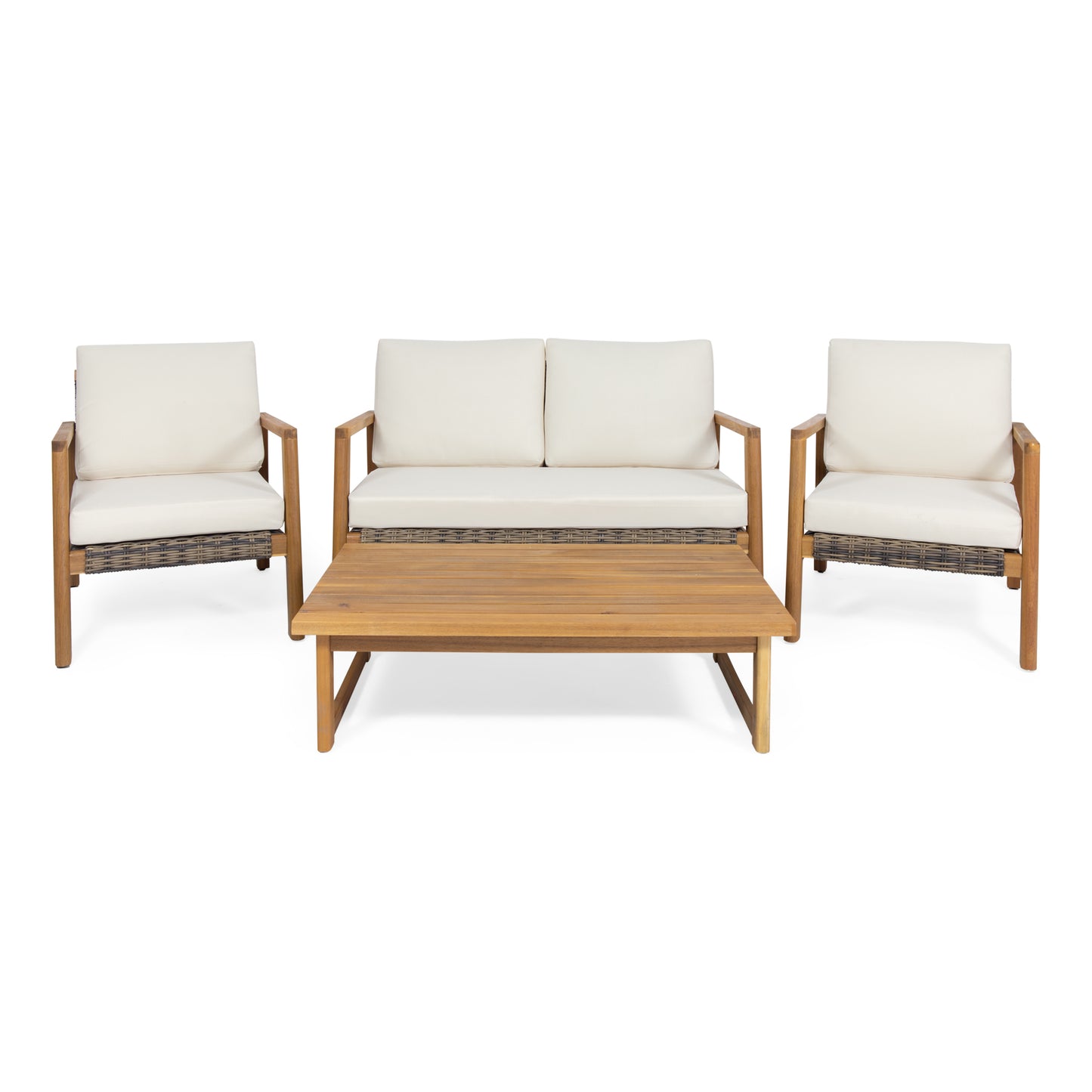 Kedan Outdoor 4 Seater Acacia Wood Chat Set with Wicker Accents