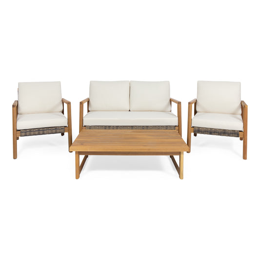 Kedan Outdoor 4 Seater Acacia Wood Chat Set with Wicker Accents