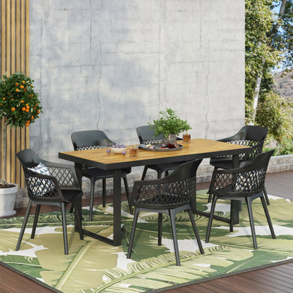 Roma Outdoor Wood and Resin 7 Piece Dining Set, Black and Teak
