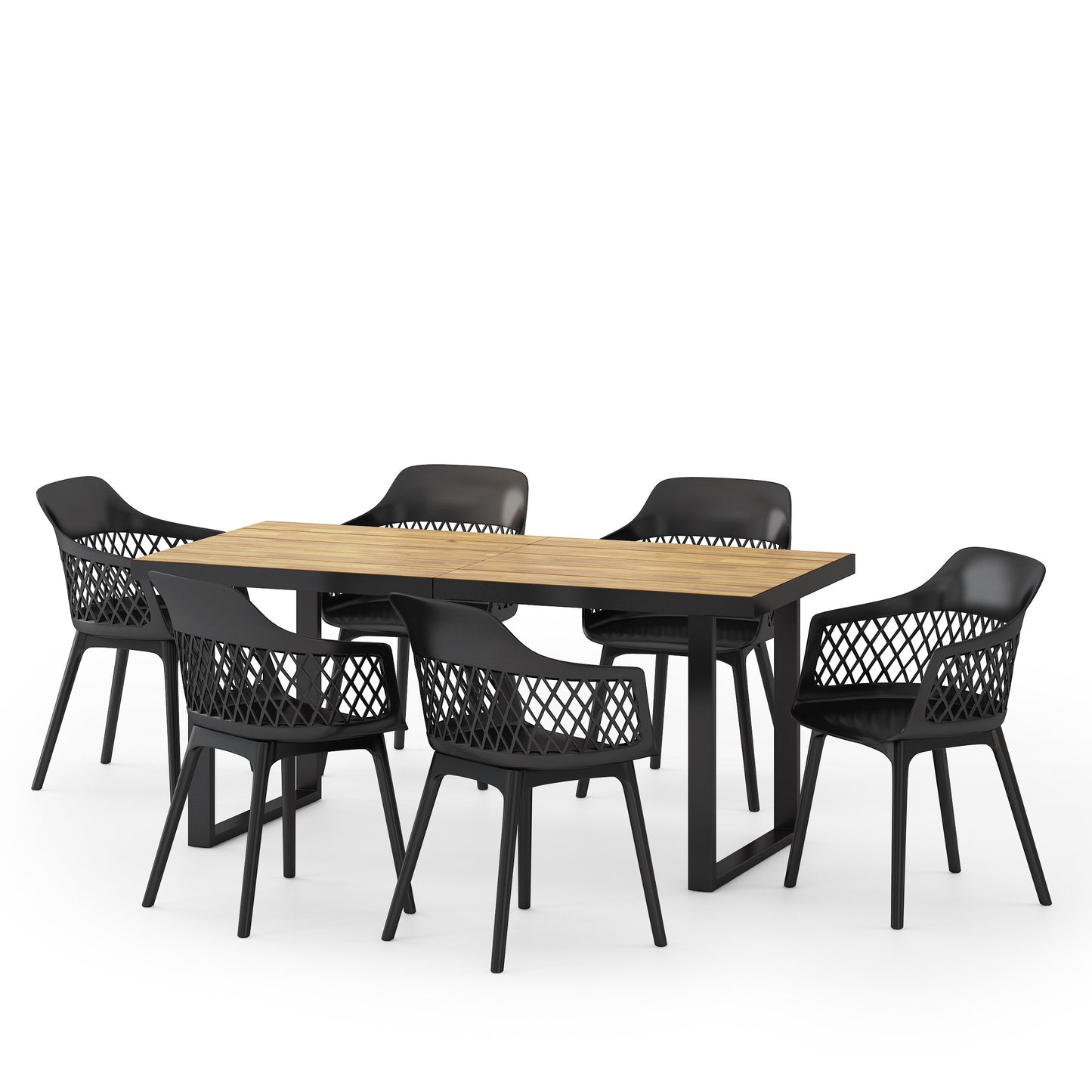 Roma Outdoor Wood and Resin 7 Piece Dining Set, Black and Teak