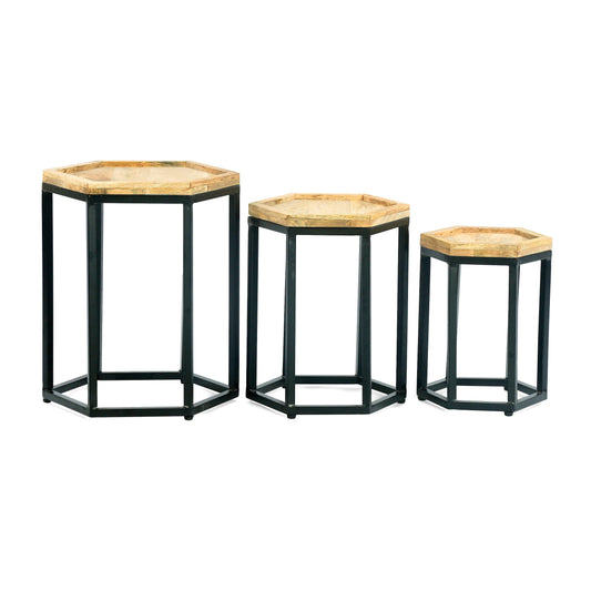 Yantic Modern Industrial Handcrafted Mango Wood Nested Side Tables (Set of 3), Natural and Black