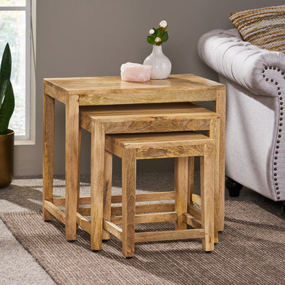 Farnum Rustic Handcrafted Mango Wood Nested Side Tables (Set of 3), Natural
