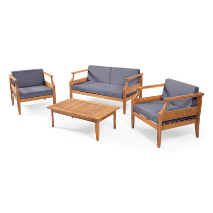 Bianca Outdoor Mid-Century Modern Acacia Wood 4 Seater Chat Set with Cushions