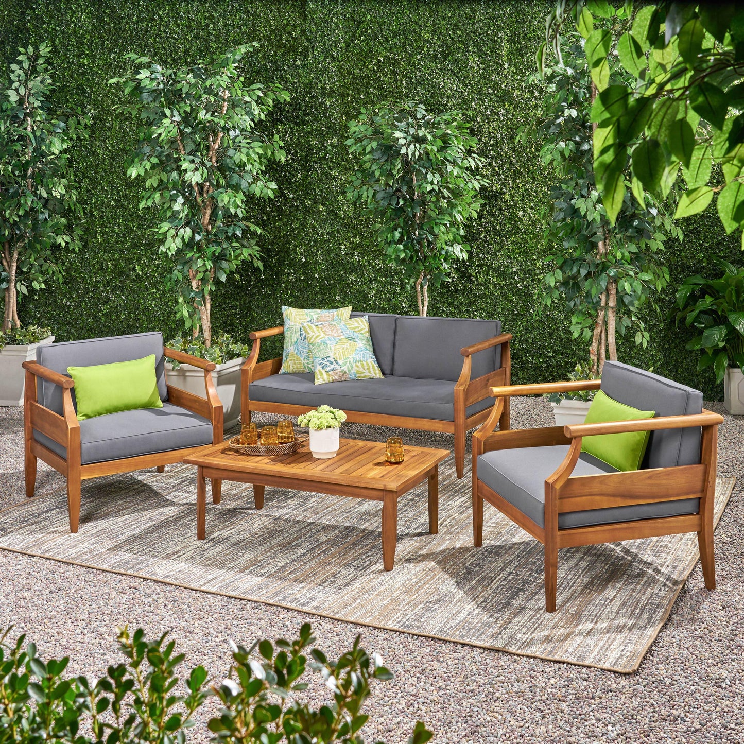 Bianca Outdoor Mid-Century Modern Acacia Wood 4 Seater Chat Set with Cushions
