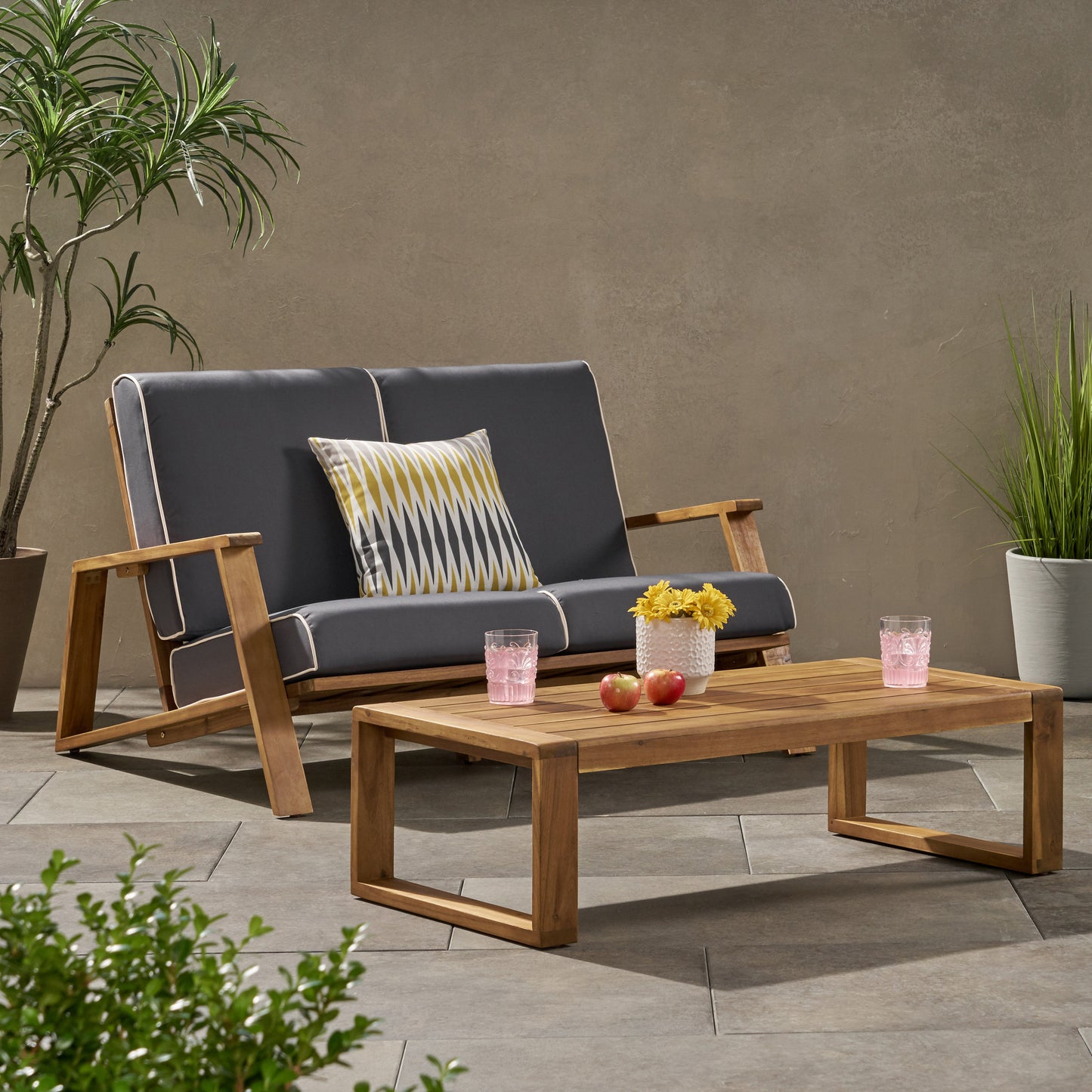 Youssef Outdoor Acacia Wood Loveseat Set with Coffee Table
