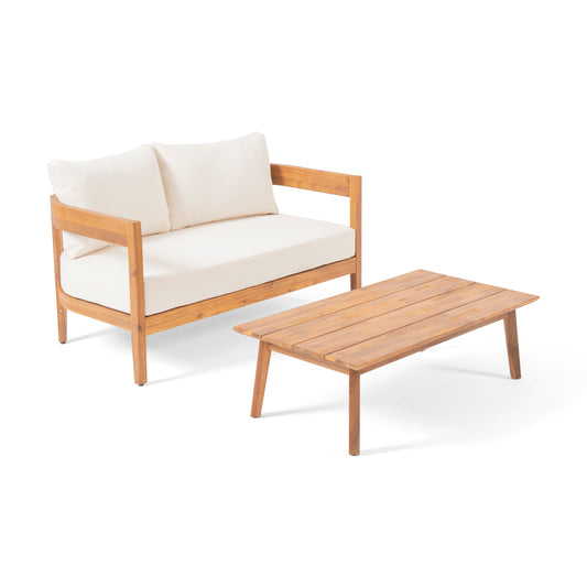 Burrough Outdoor Acacia Wood Loveseat Set with Coffee Table