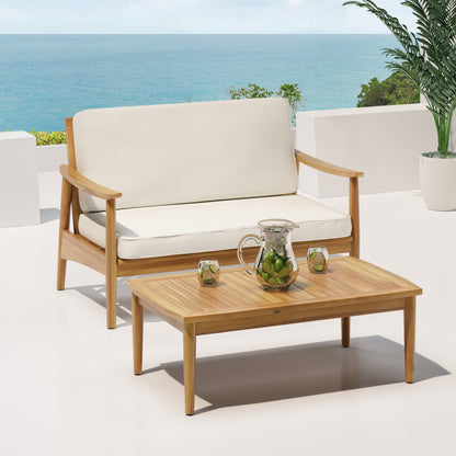 Emmry Outdoor Acacia Wood Loveseat Set with Coffee Table