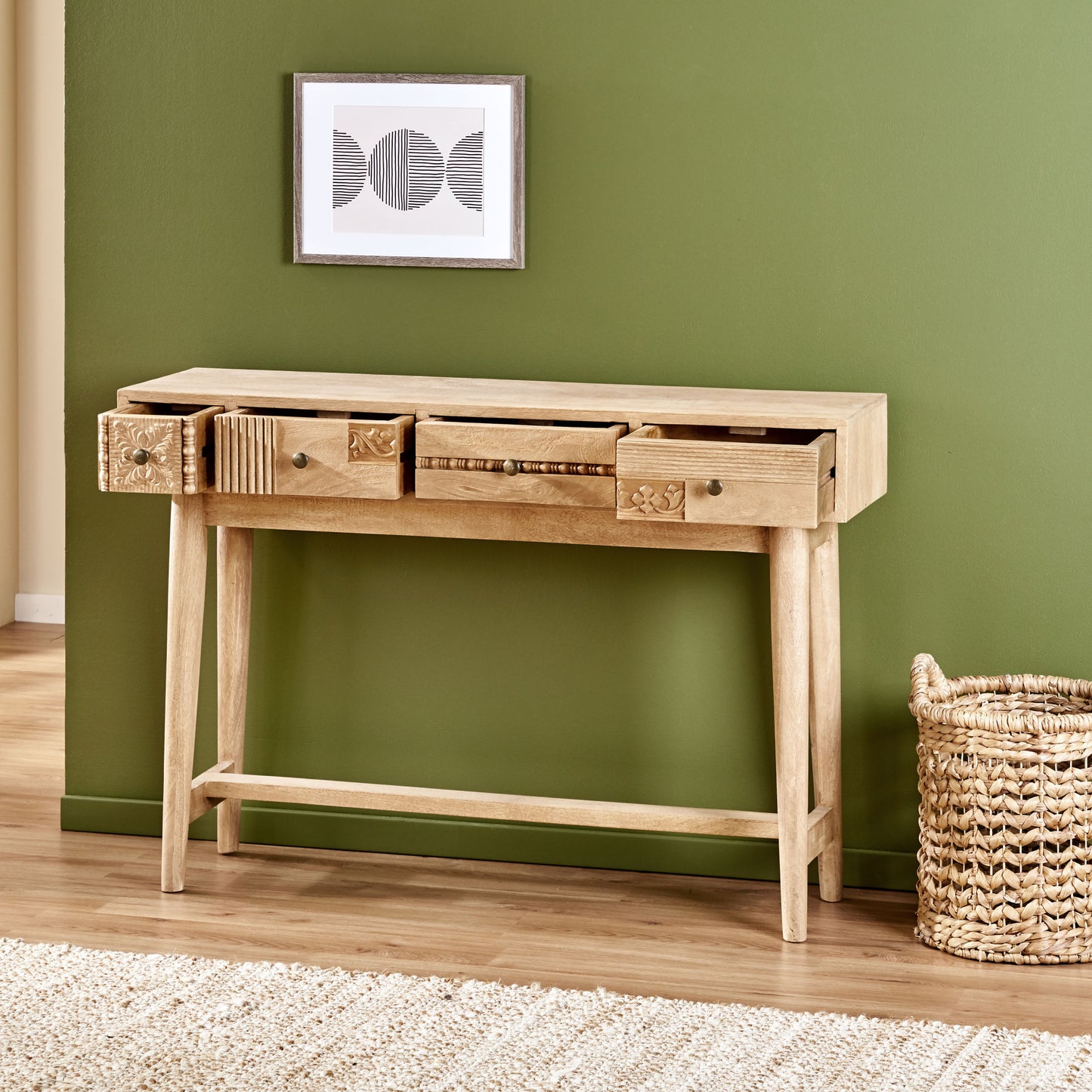 Lithonia Warthen Boho Handcrafted 4 Drawer Console Table, Natural