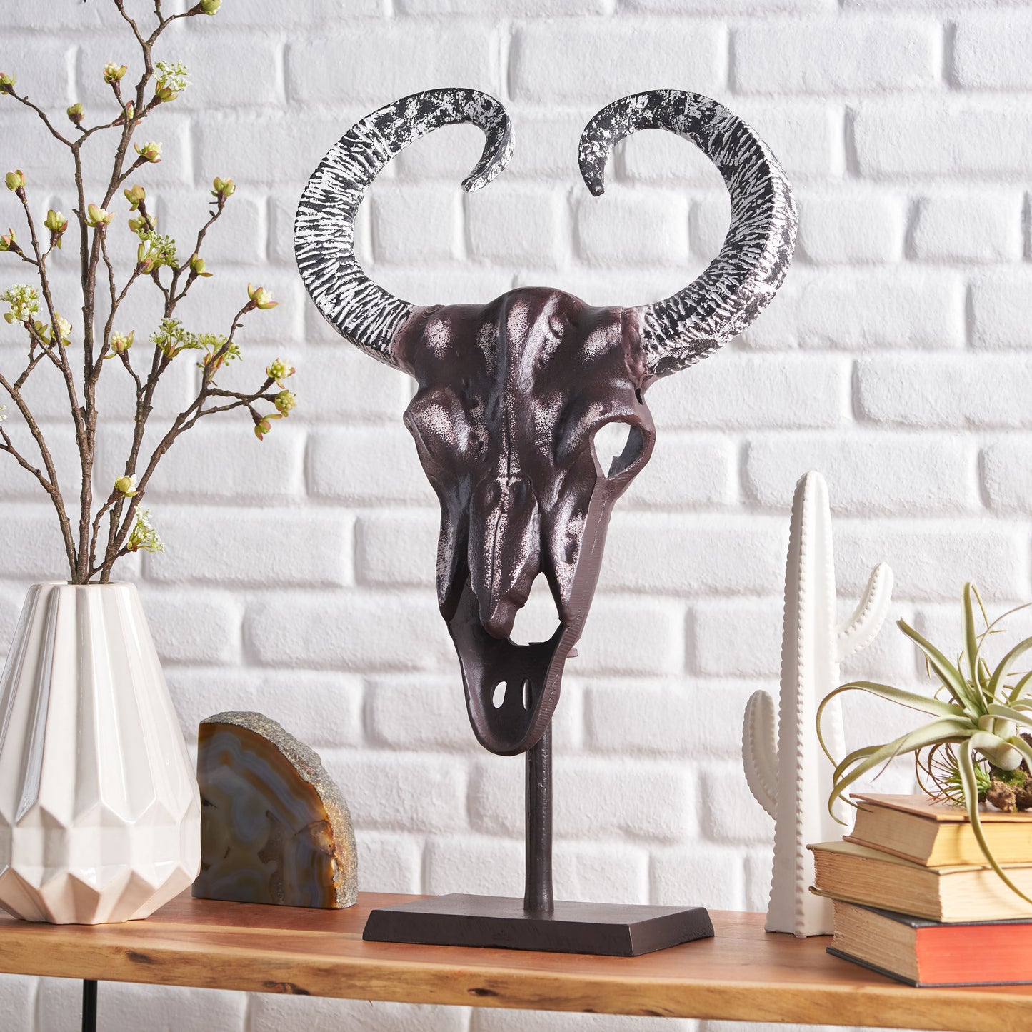Blalock Handcrafted Aluminum Bull Skull Decor with Stand