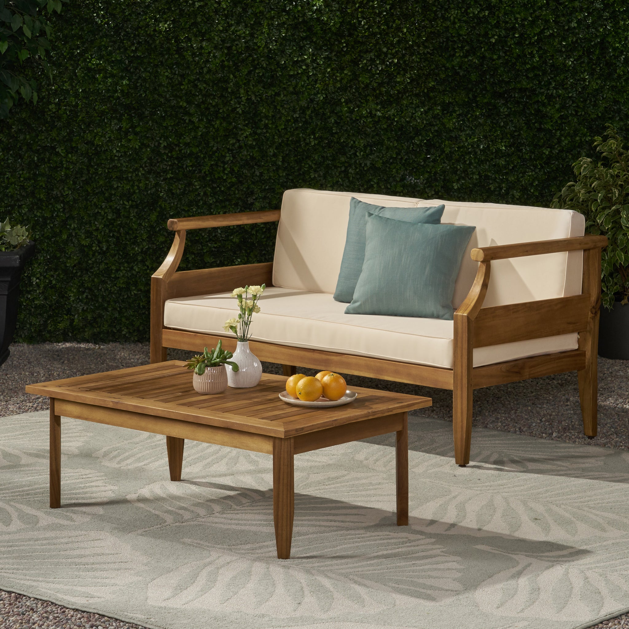 Bianca Outdoor Mid-Century Modern Acacia Wood Loveseat Set – GDFStudio