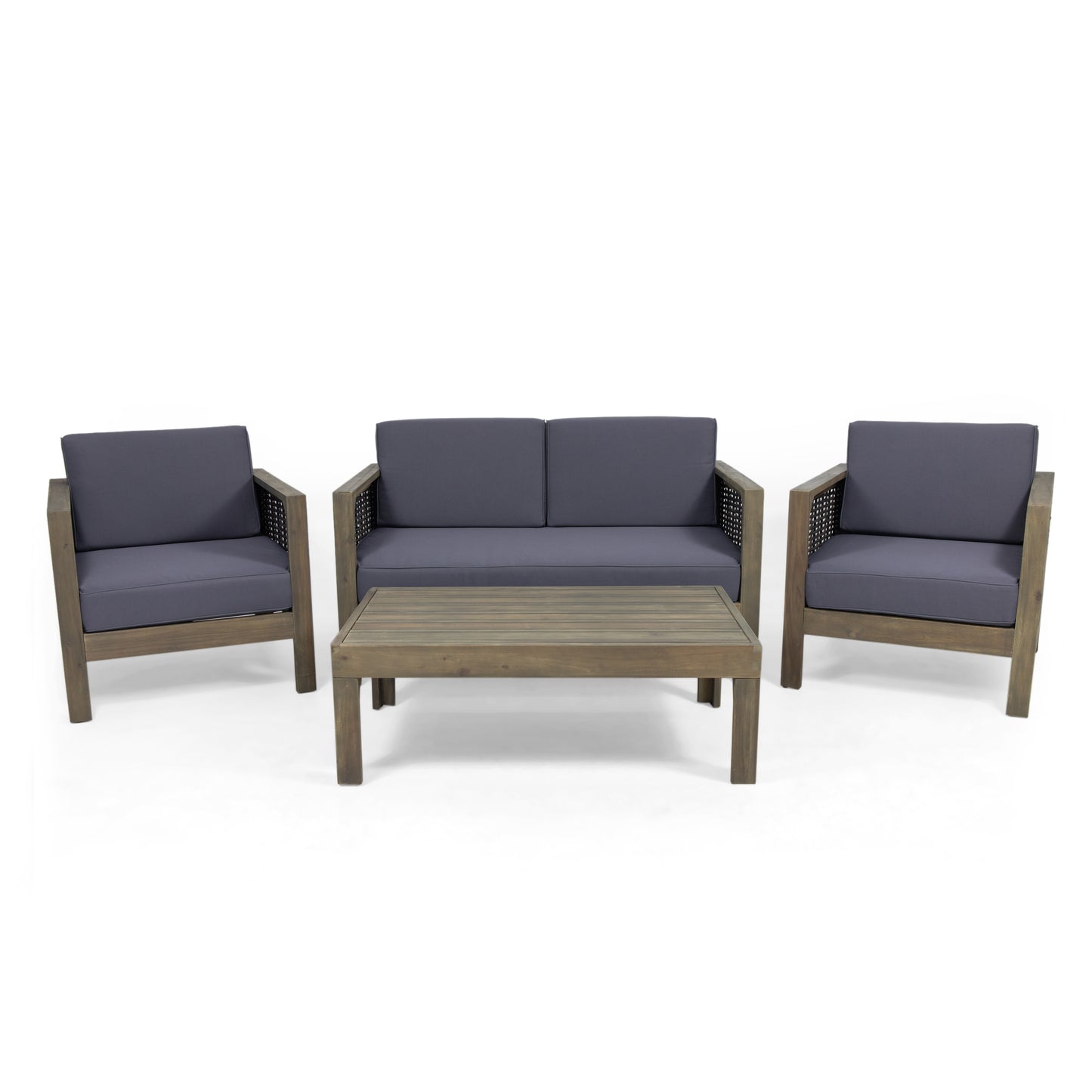 Mayes Outdoor 4 Seater Acacia Wood Chat Set with Wicker Accents