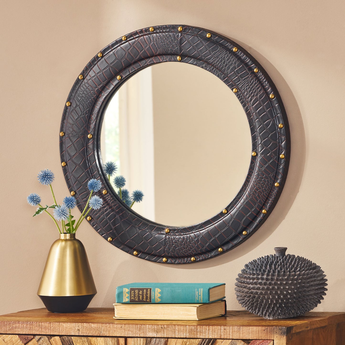 Fieldwood Handcrafted Boho Studded Croco Leather Round Wall Mirror