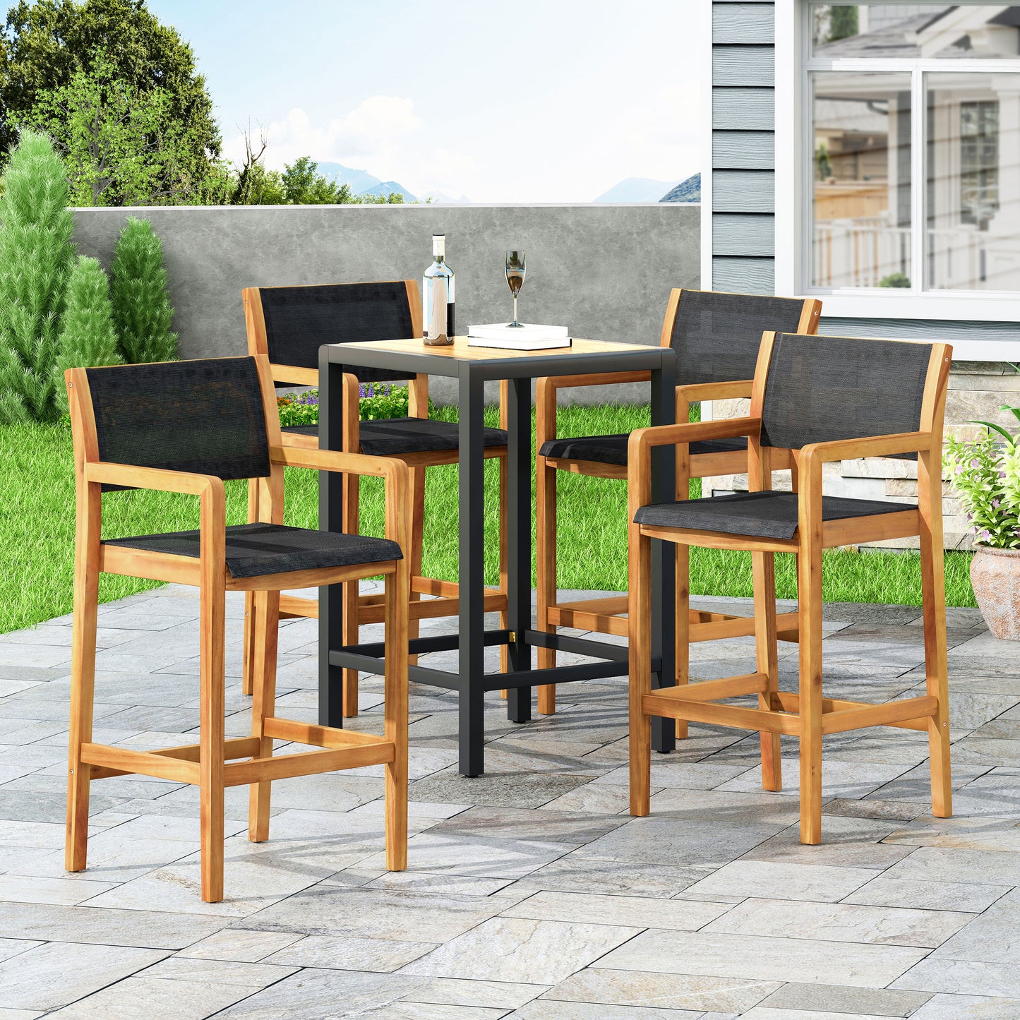 Daiquan Outdoor Acacia Wood Barstools with Outdoor Mesh (Set of 4)