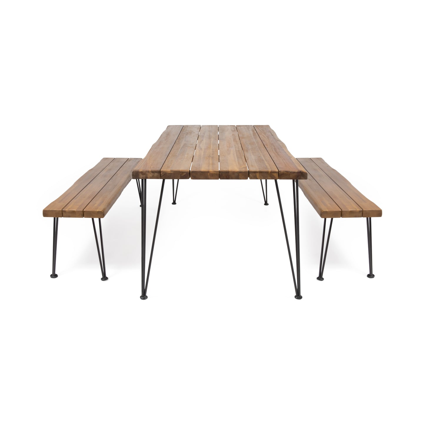 Zephyra Outdoor Modern Industrial 3 Piece Acacia Wood Picnic Dining Set with Metal Hairpin Legs