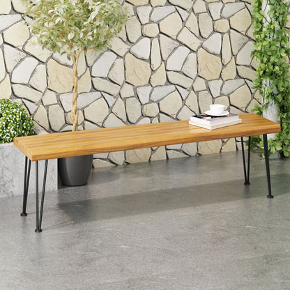 Zephyra Outdoor Modern Industrial Acacia Wood Bench with Metal Hairpin Legs