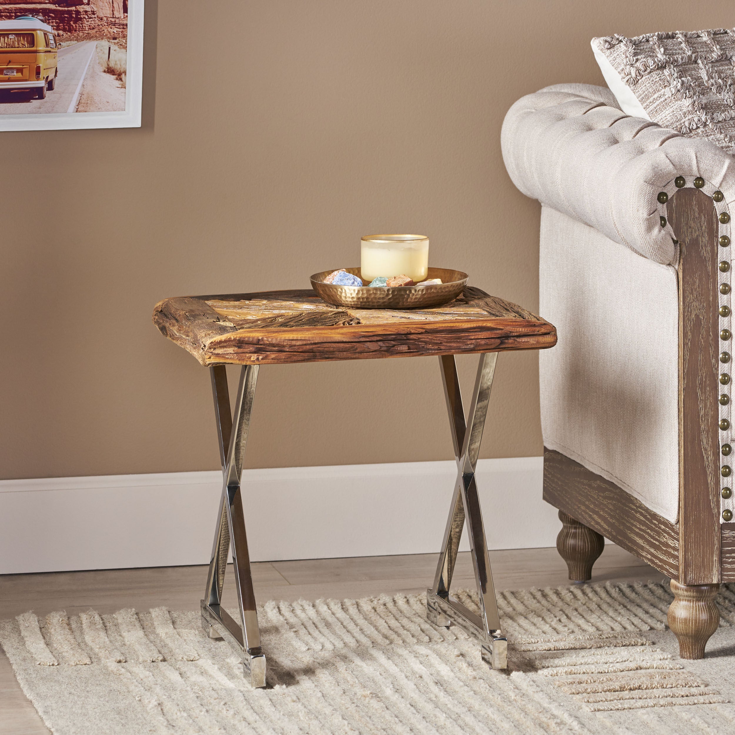 Wooden side table in boho shops style