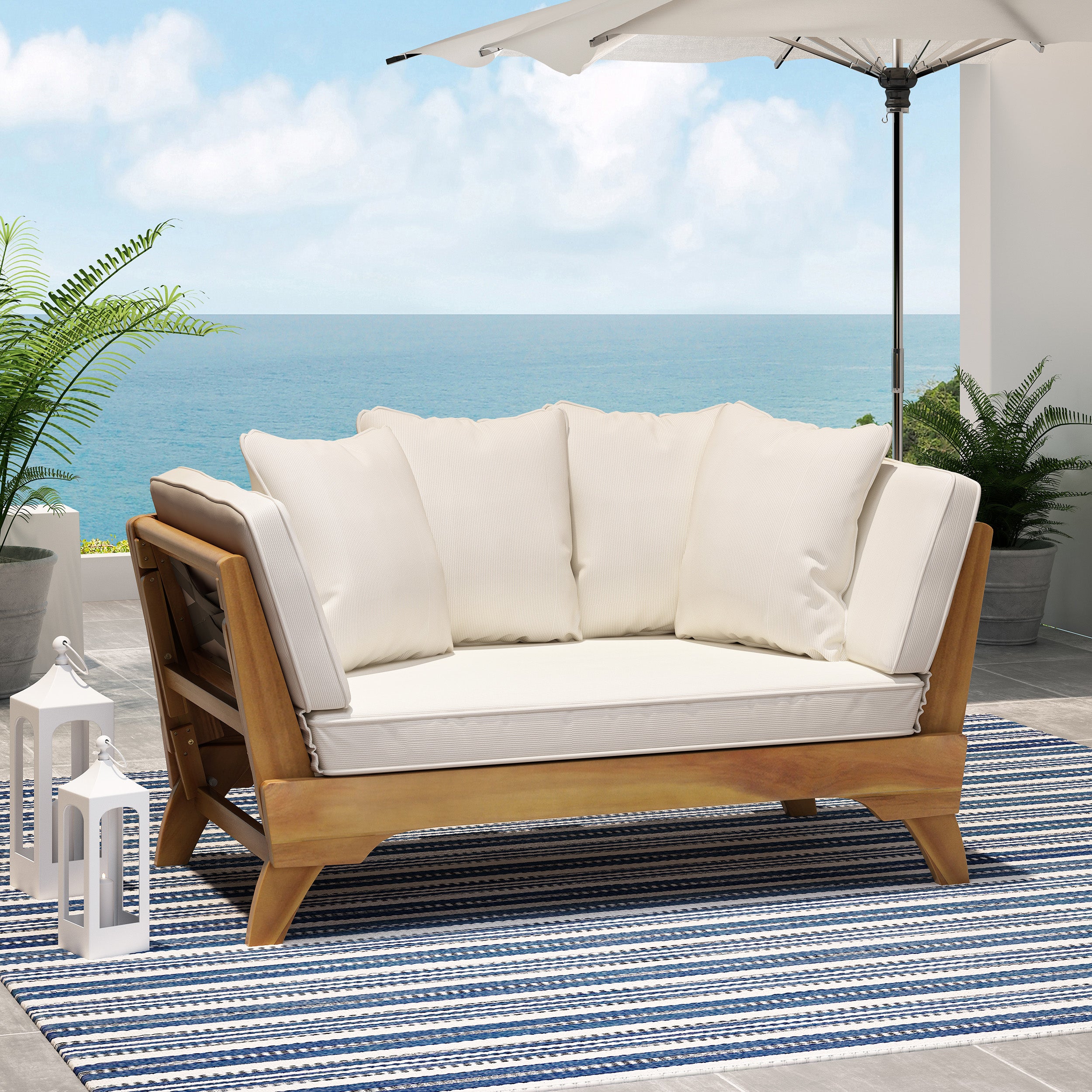 Oceanna Outdoor Acacia Wood and Rope Expandable Daybed with Cushions GDFStudio