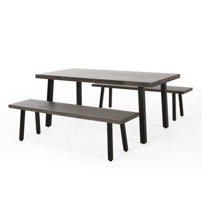 Altair Outdoor Modern Industrial 3 Piece Aluminum Dining Set with Benches