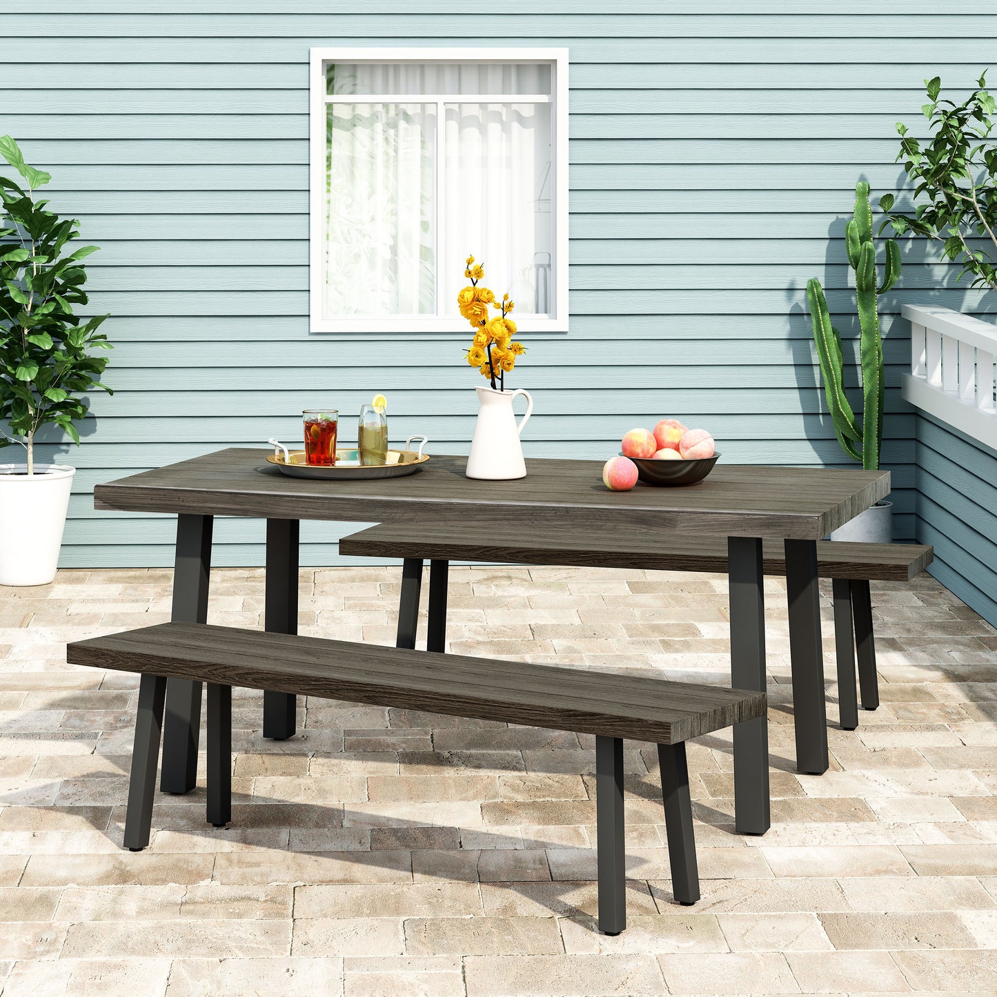 Altair Outdoor Modern Industrial 3 Piece Aluminum Dining Set with Benches